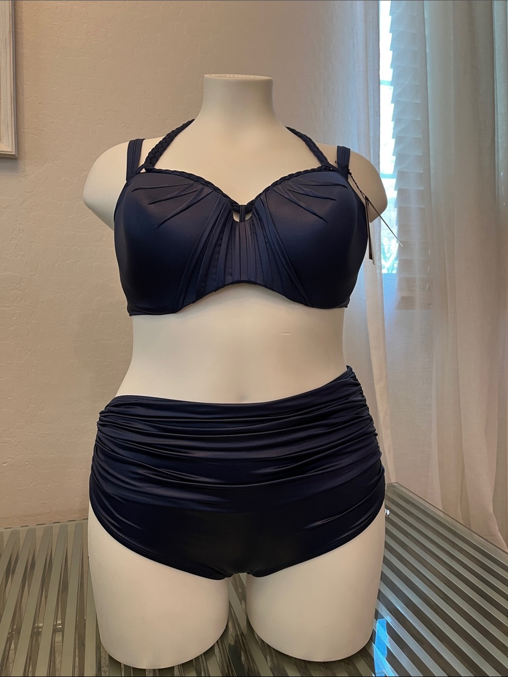 Plus Size Navy Ruched High-Waist Bikini Set